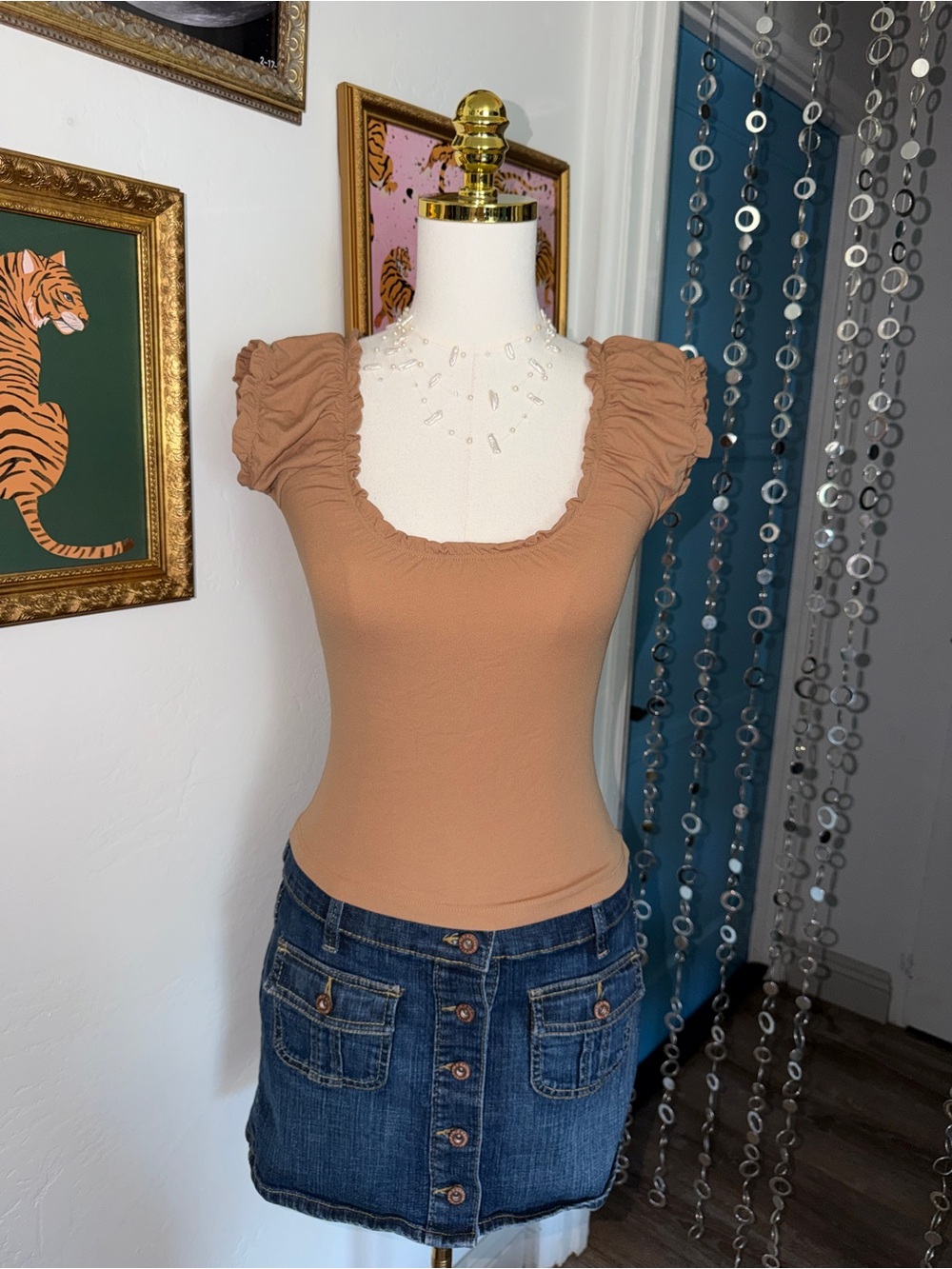 Vintage Y2K Women's Ruched Puff Sleeve Square Neck Top - Tan